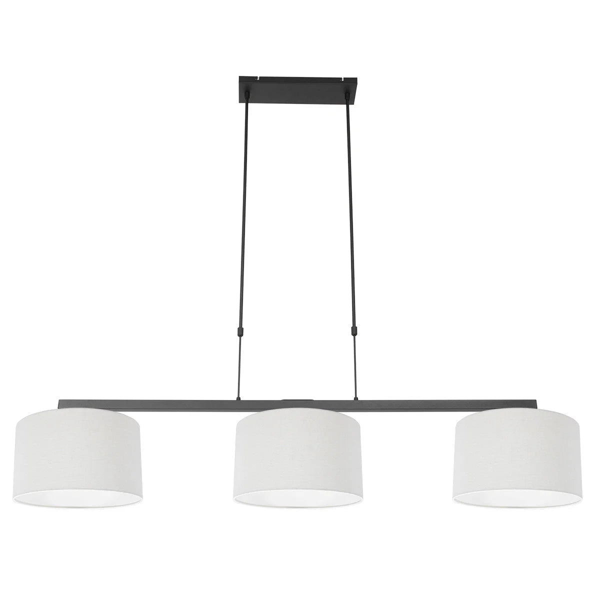Suspension métal noir avec abat-jour en tissu blanc linéaire 3 lumières