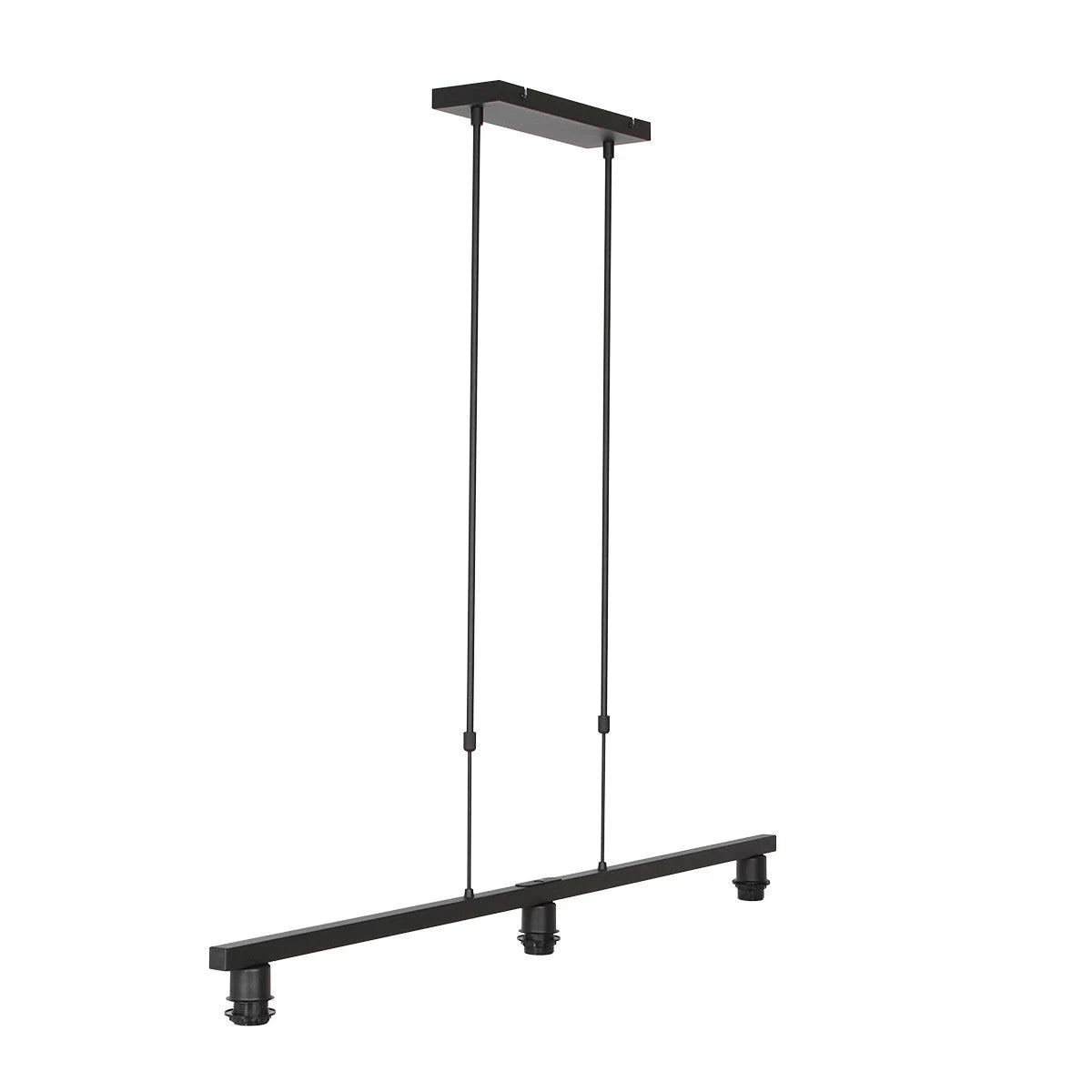 Suspension métal noir minimaliste avec trois abat-jour en tissu blanc linéaire 140x30 cm