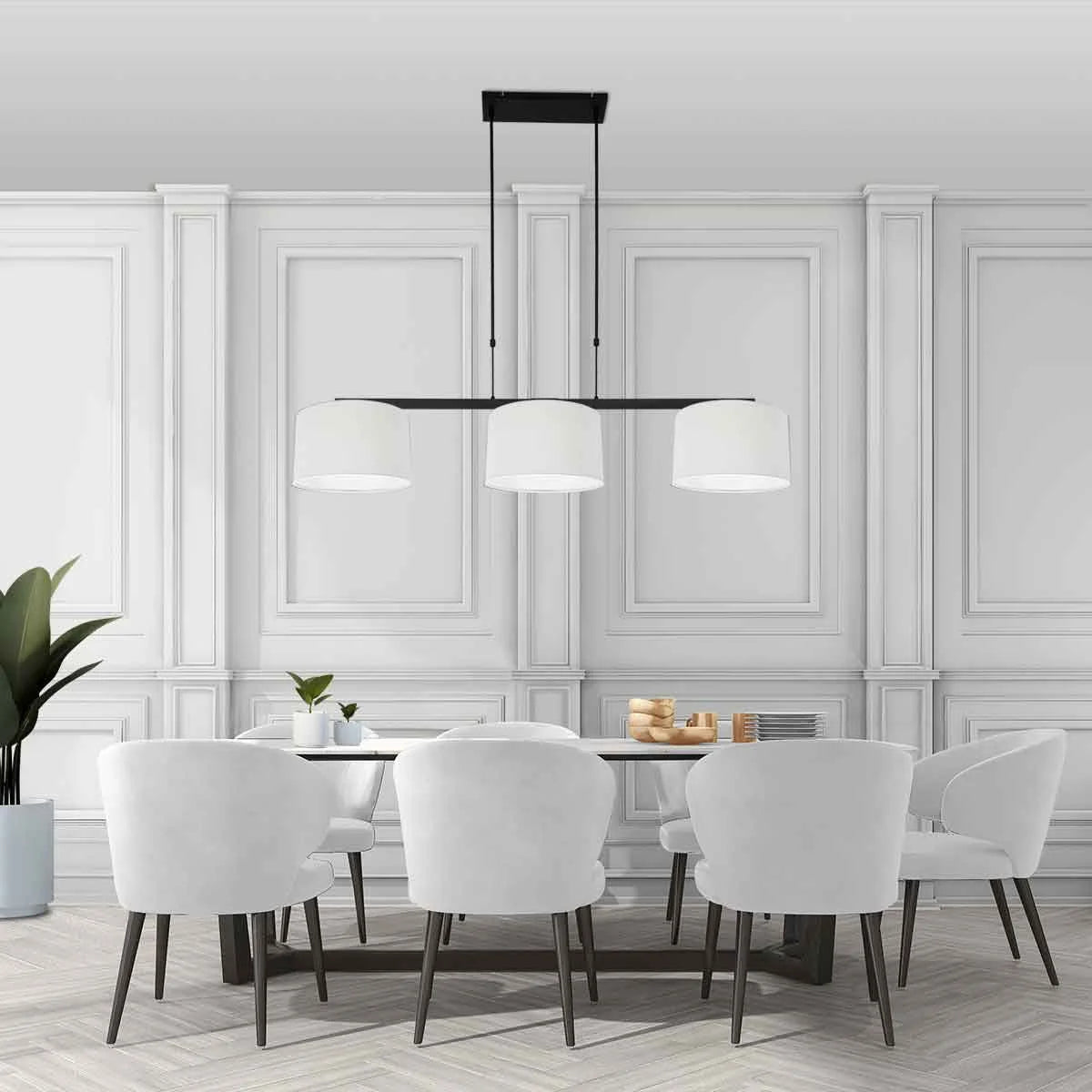 Suspension métal noir avec trois abat-jour en tissu blanc linéaire 140x30 cm