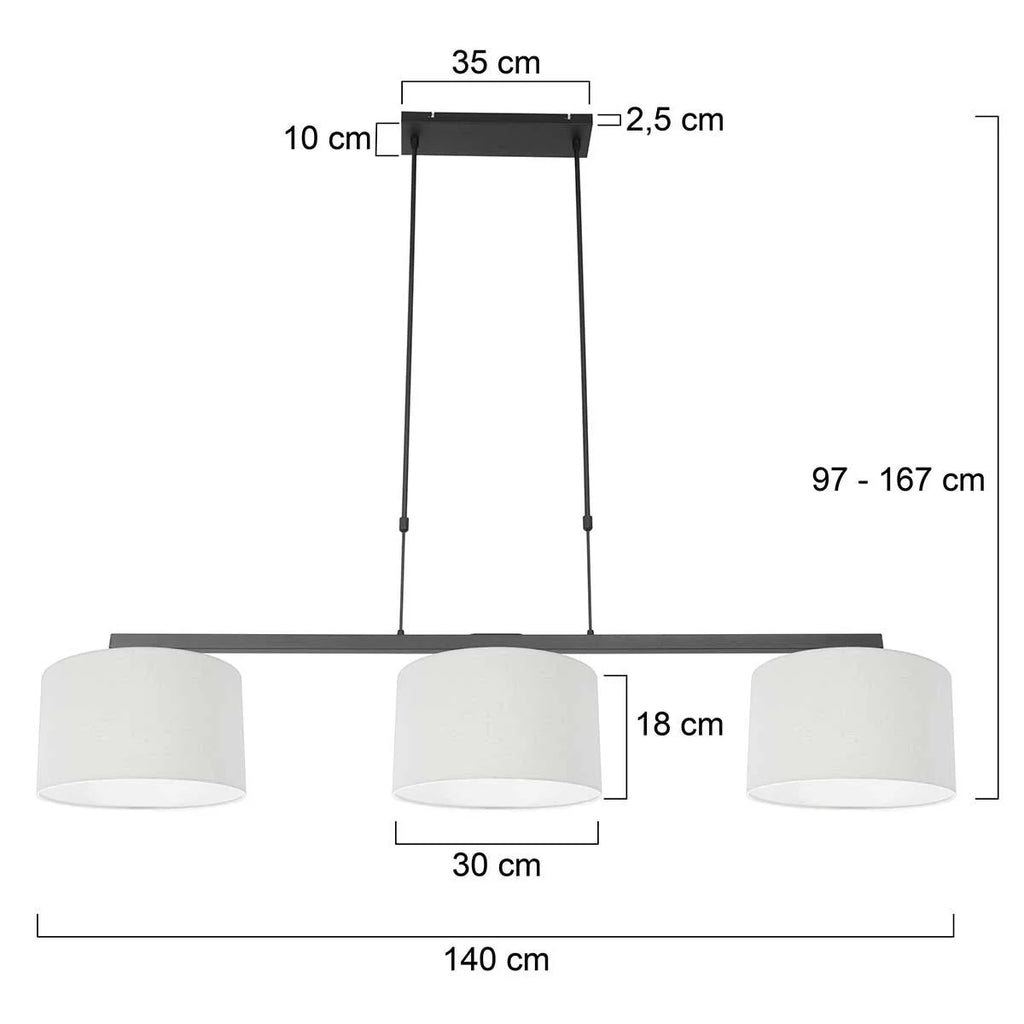 Suspension métal noir avec trois abat-jour en tissu blanc linéaire 140x30 cm