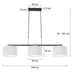 Suspension métal noir avec trois abat-jour en tissu blanc linéaire 140x30 cm