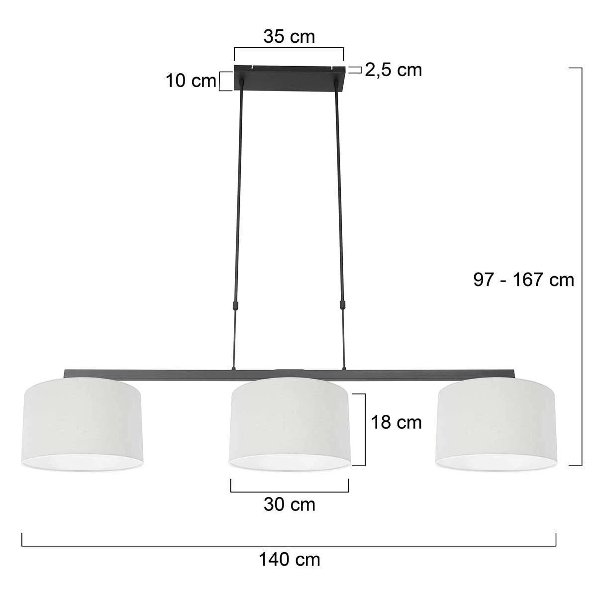 Suspension métal noir avec trois abat-jour en tissu blanc linéaire 140x30 cm