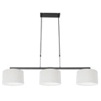 Suspension métal noir avec trois abat-jour en tissu blanc lin pour éclairage moderne