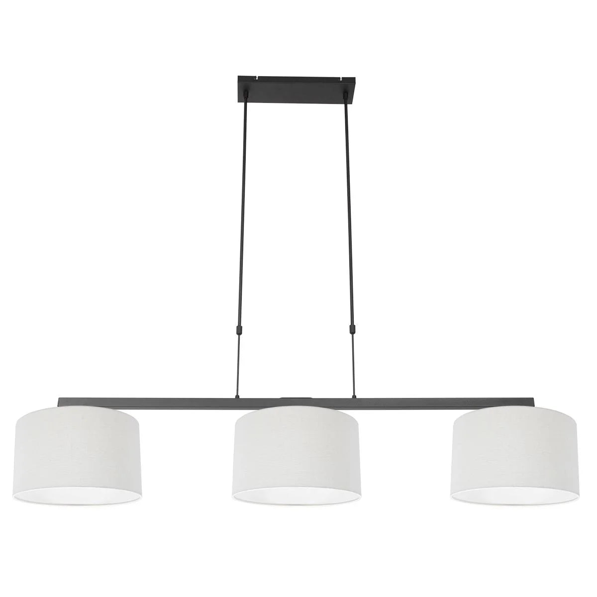 Suspension métal noir avec trois abat-jour en tissu blanc lin pour éclairage moderne