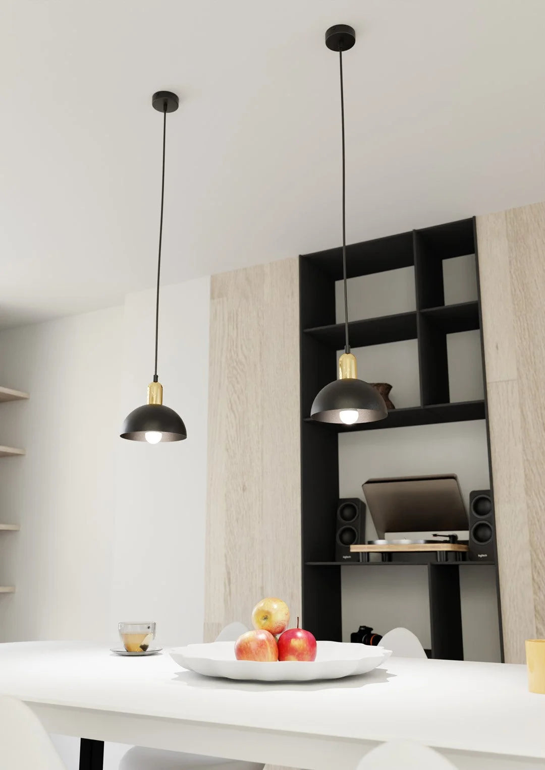 Lampes suspendues métal noir mat dôme moderne Ø18 cm accents dorés