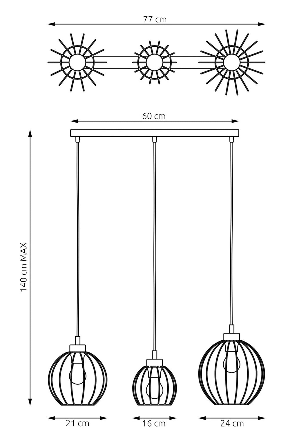 Suspension métal noir et or à 3 abat-jours cage Ø24 cm
