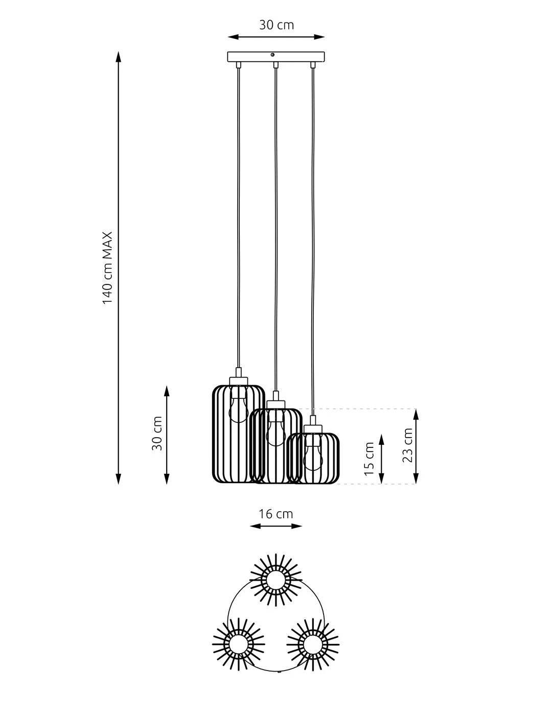 Suspension métal noir et or 3 lumières Ø30 cm avec abat-jours cylindriques