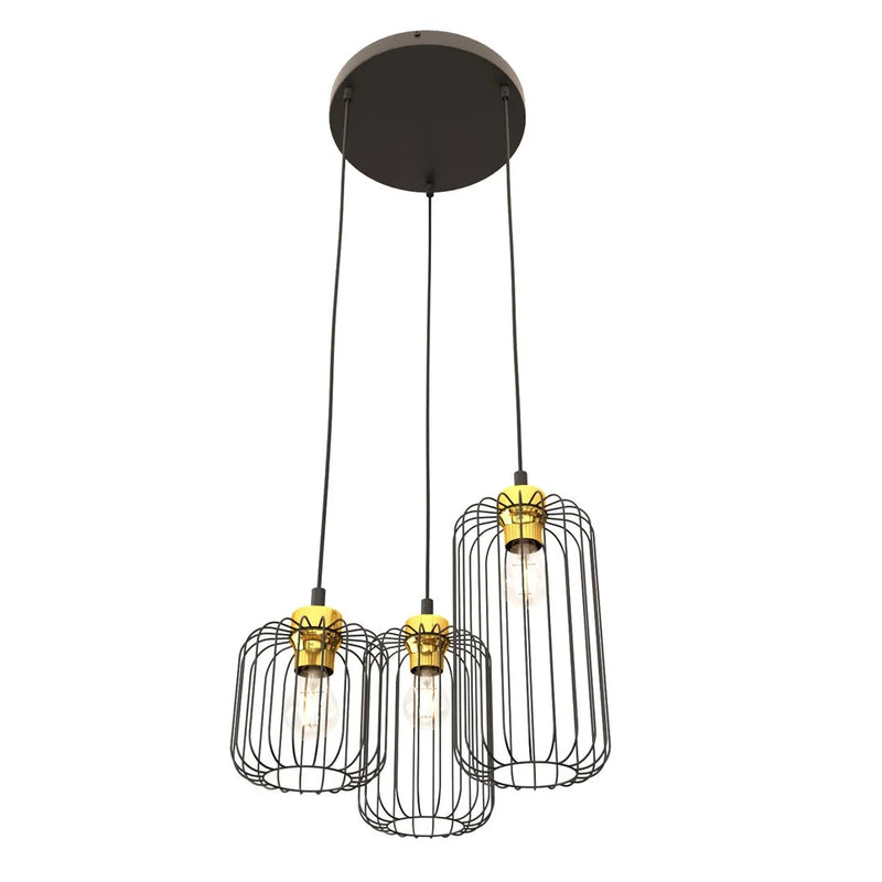 Suspension métal noir et or abat-jours filaires 3 lumières – Ø30 cm