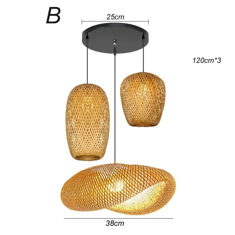 Suspension multiple modèle B en bambou avec trois abat-jours élégants