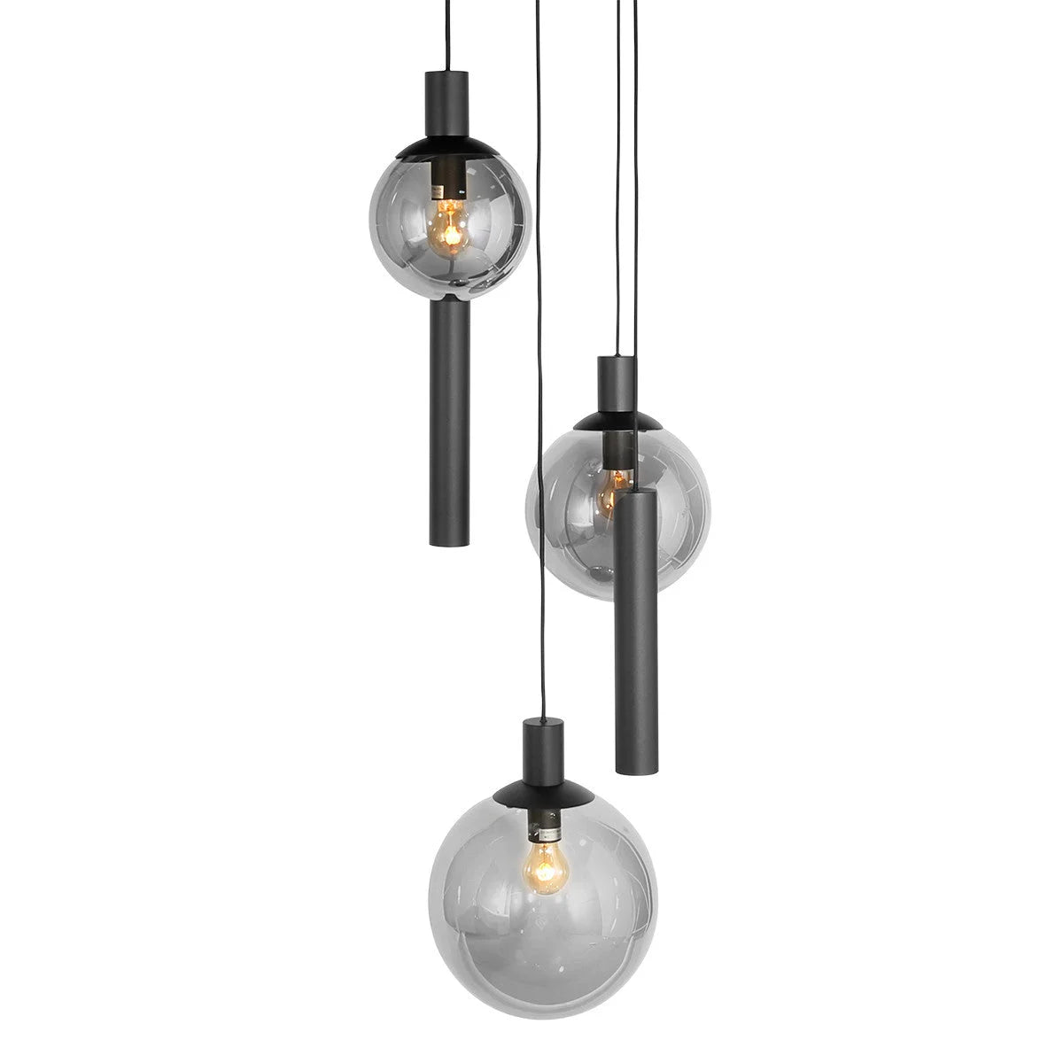 Luminaire suspendu à trois ampoules en verre fumé avec sphères ajourées, diamètre 60 cm