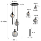 Luminaire suspendu multiple en verre fumé avec sphères ajourées et accents cylindriques