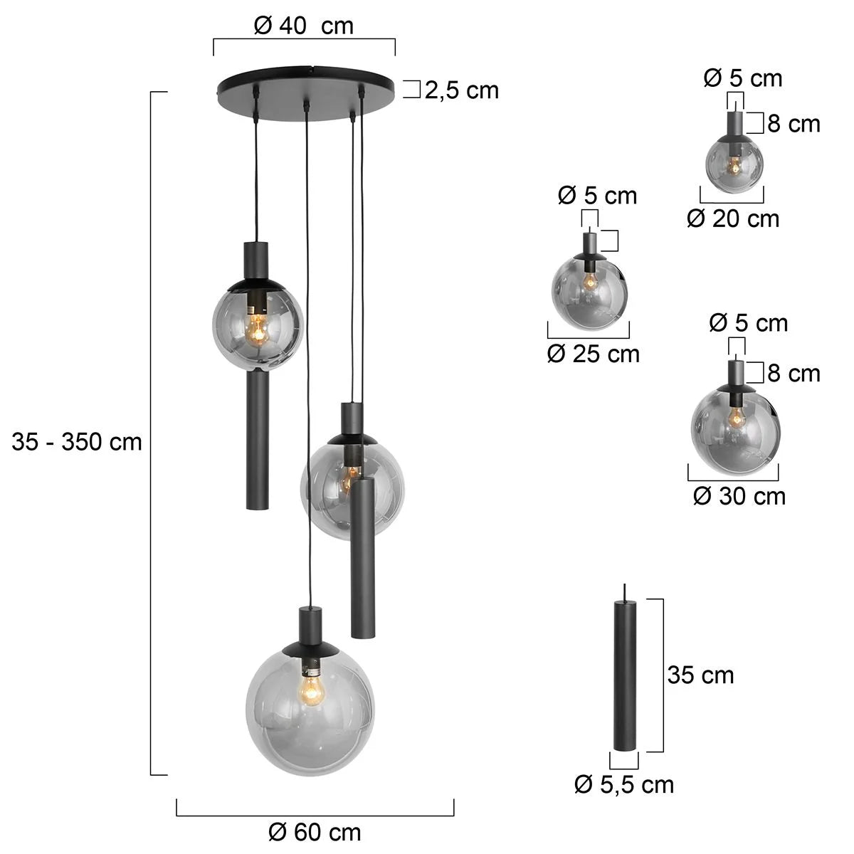Luminaire suspendu multiple en verre fumé avec sphères ajourées et accents cylindriques