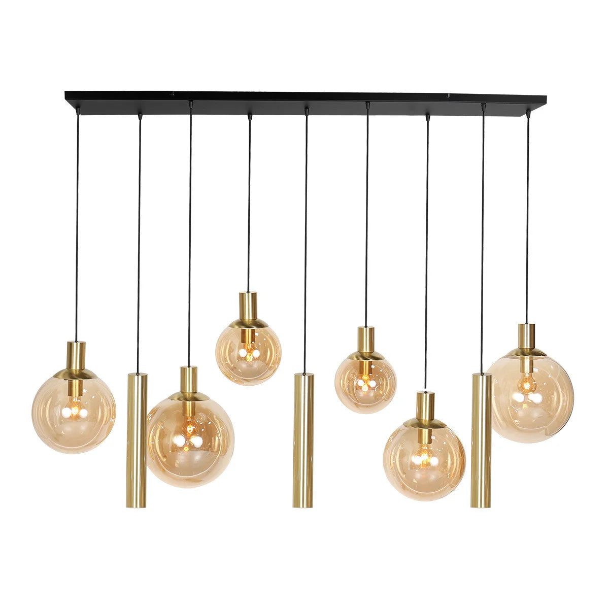 Suspension multiple en verre ambré et laiton à 9 ampoules – 150x55 cm