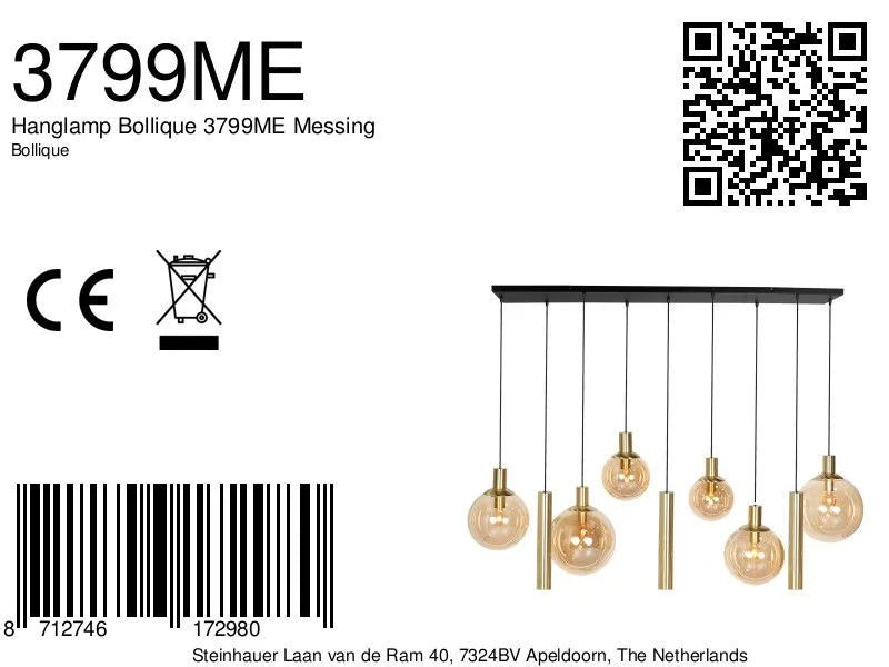 Suspension multiple en verre ambré et laiton à 9 ampoules – 150x55 cm