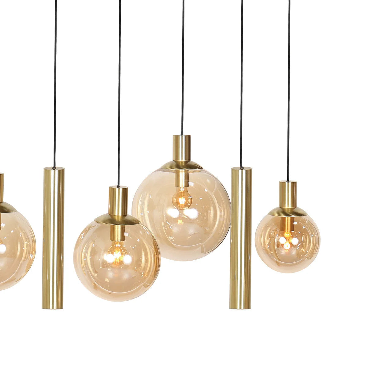 Suspension multiple en verre ambré et laiton à 9 ampoules – 150x55 cm