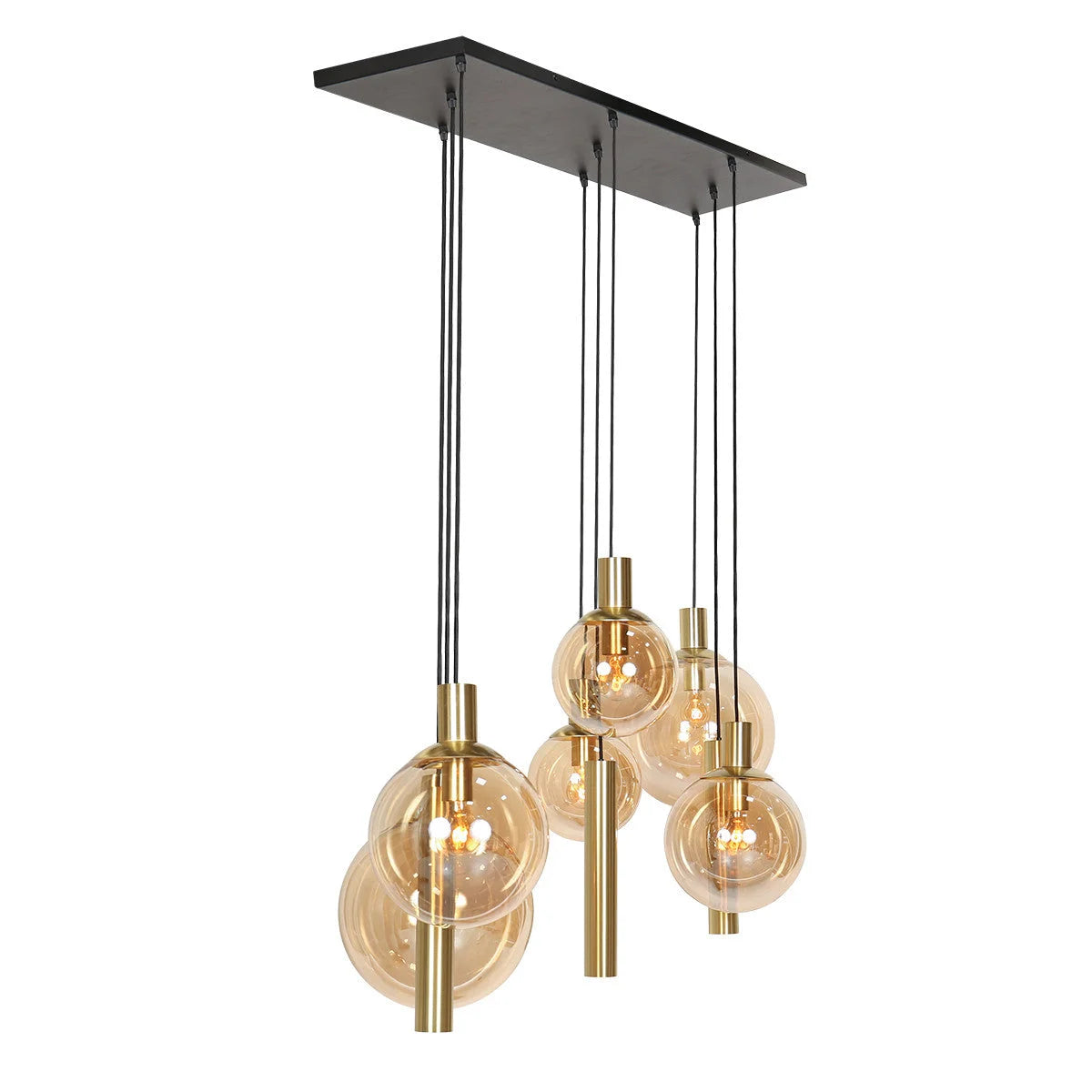 Suspension multiple en verre ambré et laiton à 9 ampoules – 150x55 cm