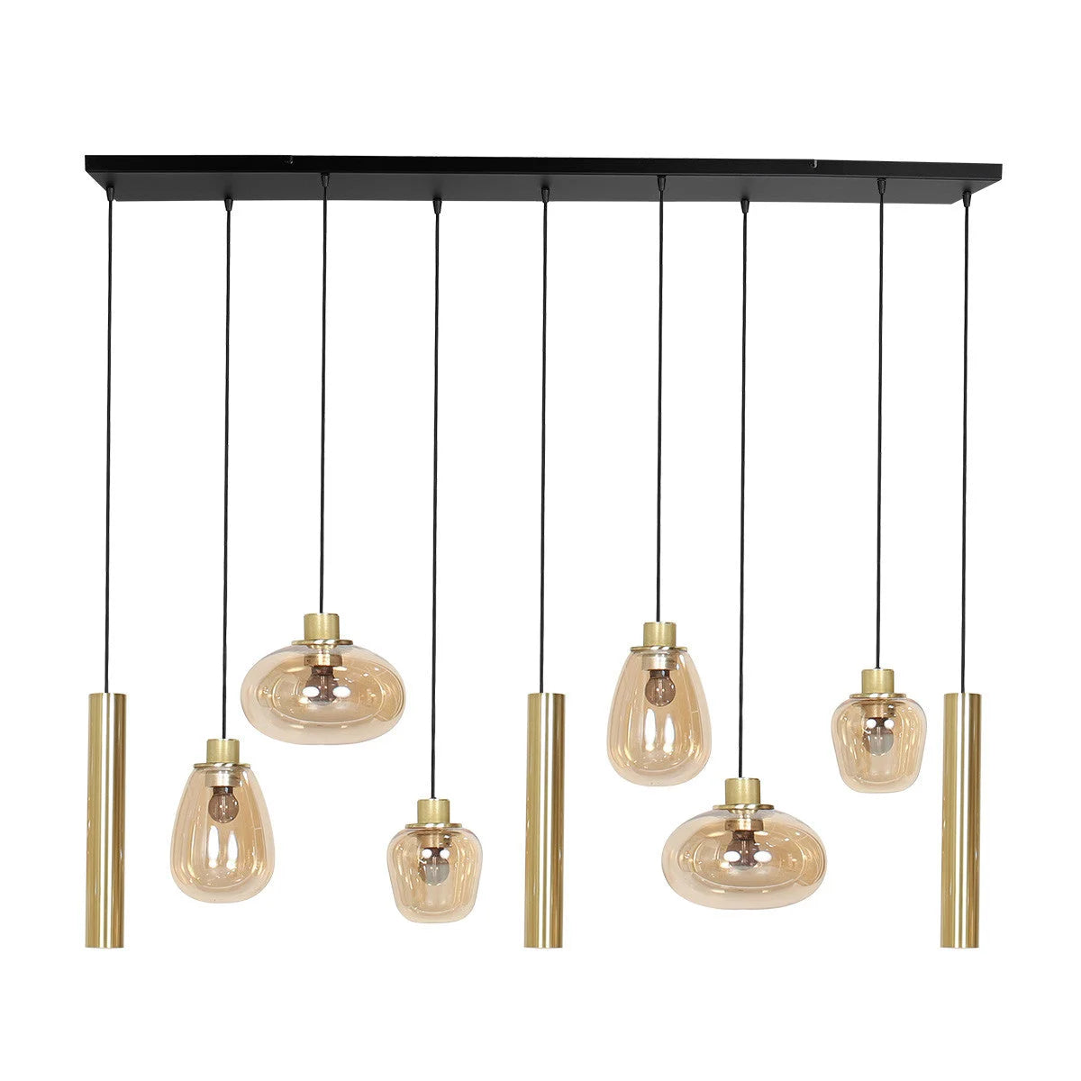 Suspension multiple en verre ambré et laiton doré pour éclairage chaleureux – 140x44 cm