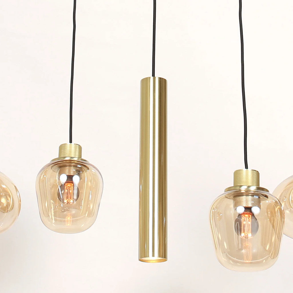 Suspension multiple en verre ambré et laiton doré pour éclairage chaleureux – 140x44 cm