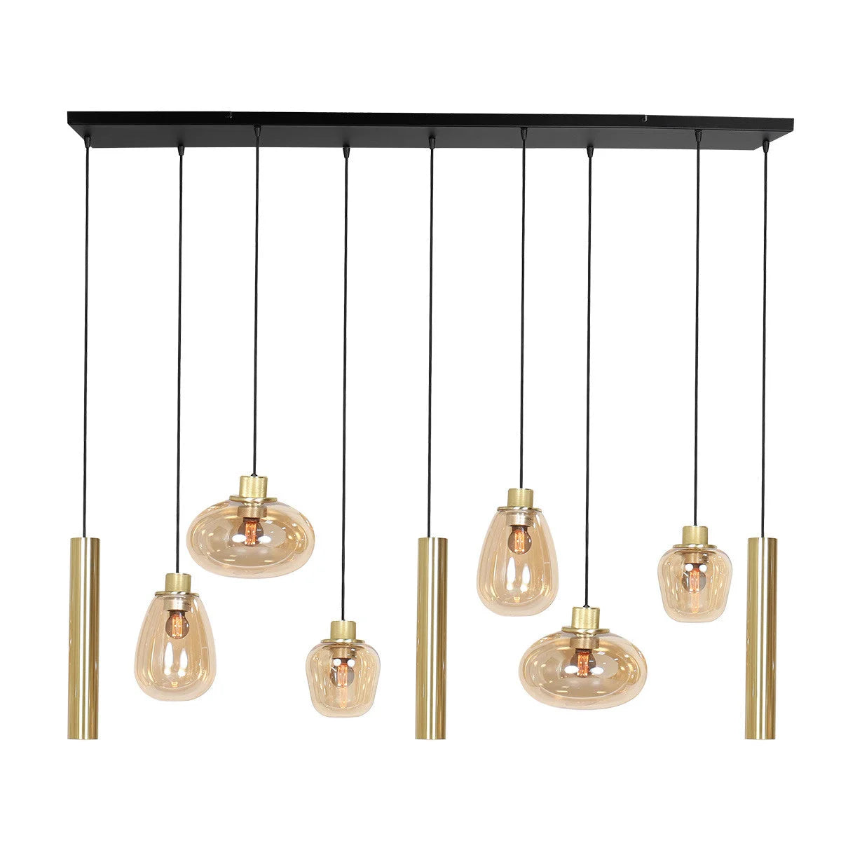 Suspension multiple en verre ambré et laiton doré pour éclairage chaleureux – 140x44 cm