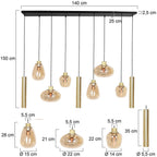 Suspension multiple en verre ambré et laiton doré pour éclairage chaleureux – 140x44 cm