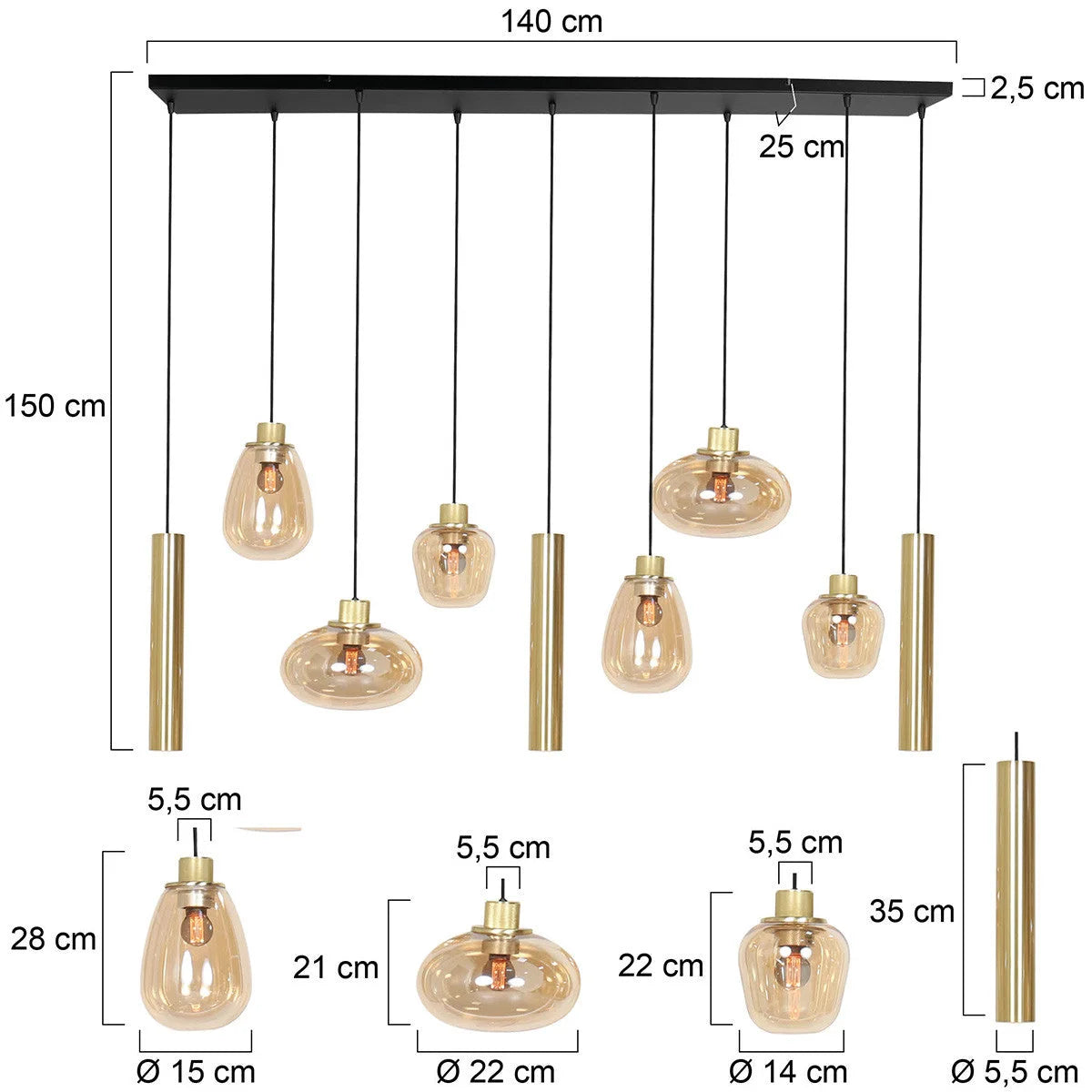 Suspension multiple en verre ambré et laiton doré pour éclairage chaleureux – 140x44 cm