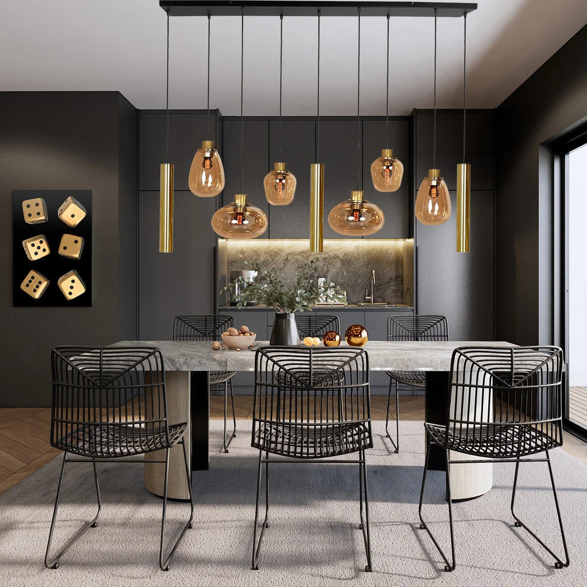 Suspension multiple en verre ambré et laiton doré pour éclairage chaleureux – 140x44 cm