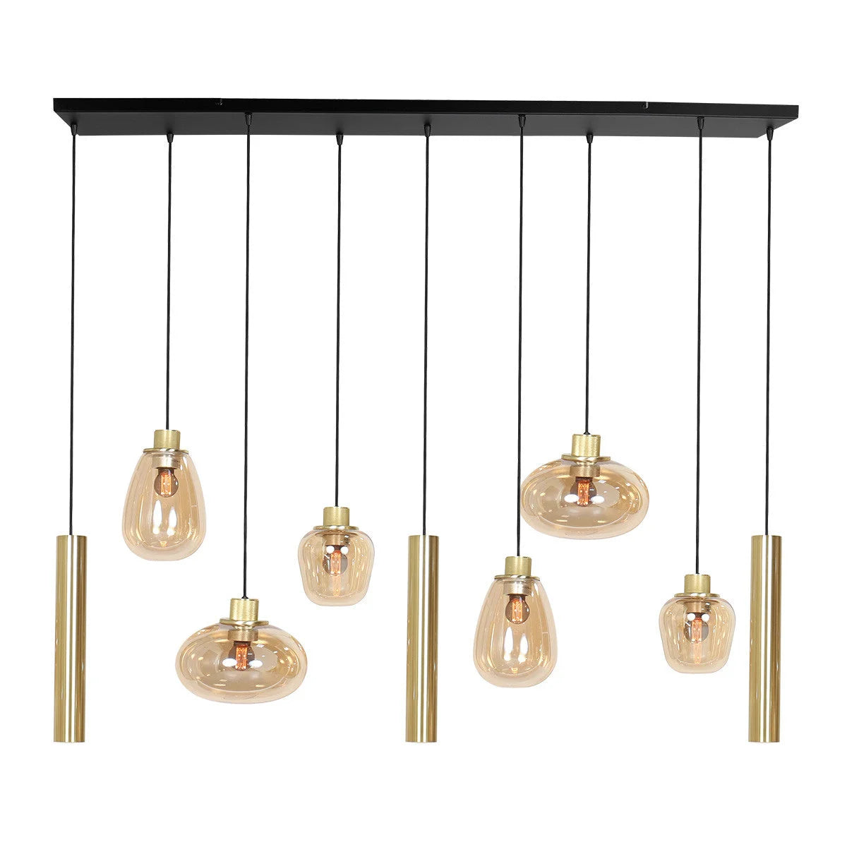Suspension multiple en verre ambré et laiton doré pour éclairage chaleureux – 140x44 cm