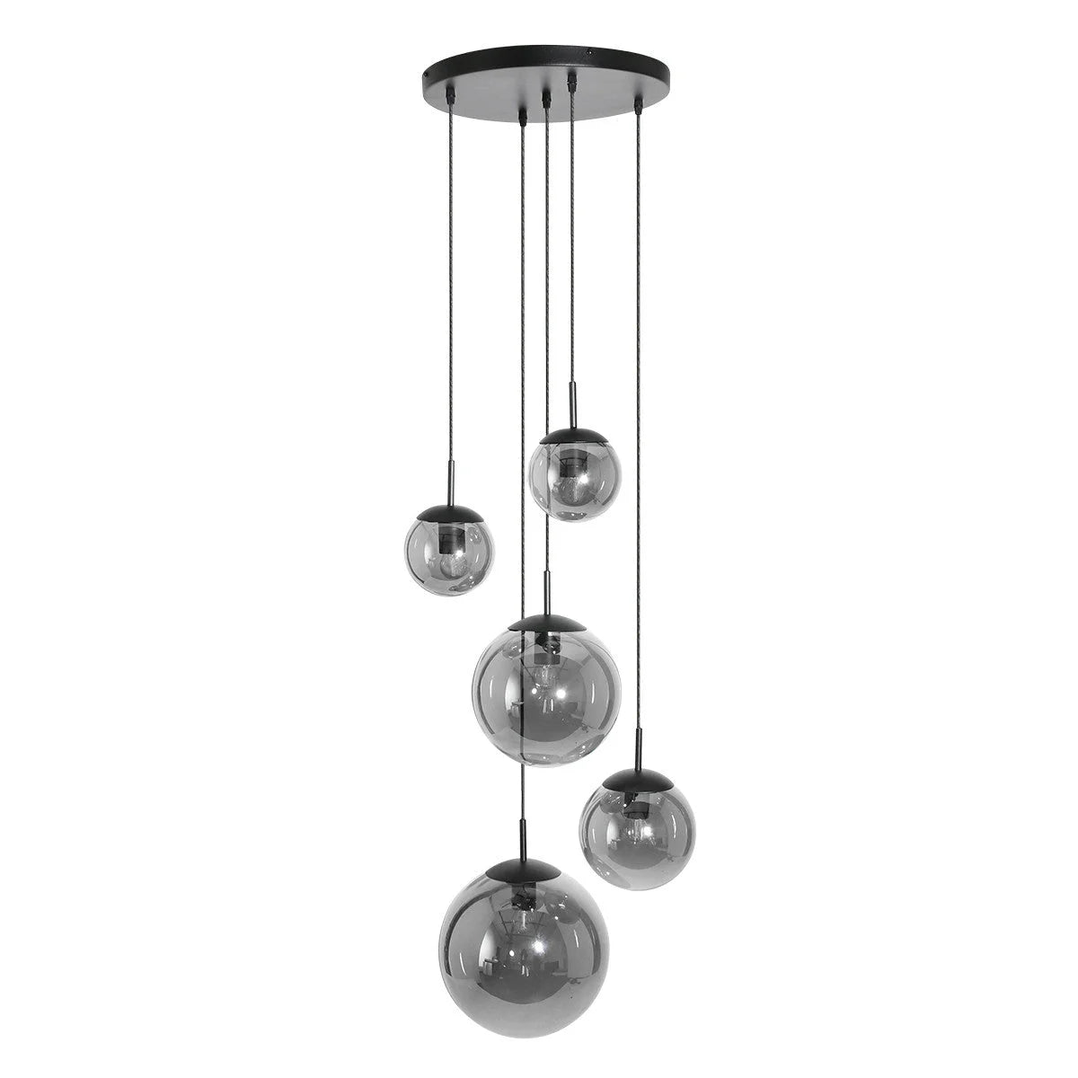 Lampadaire suspendu en verre fumé noir avec plusieurs boules dégradées Ø60 cm