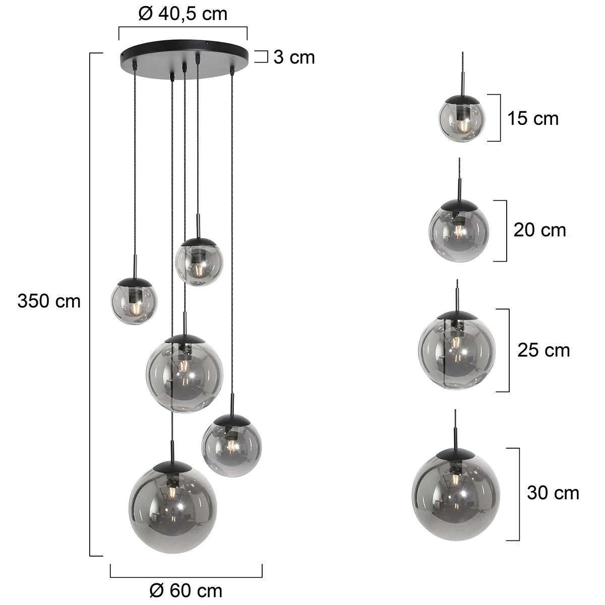 Suspension multiple en verre fumé noir boules dégradées avec un lustre à pendentifs sphériques