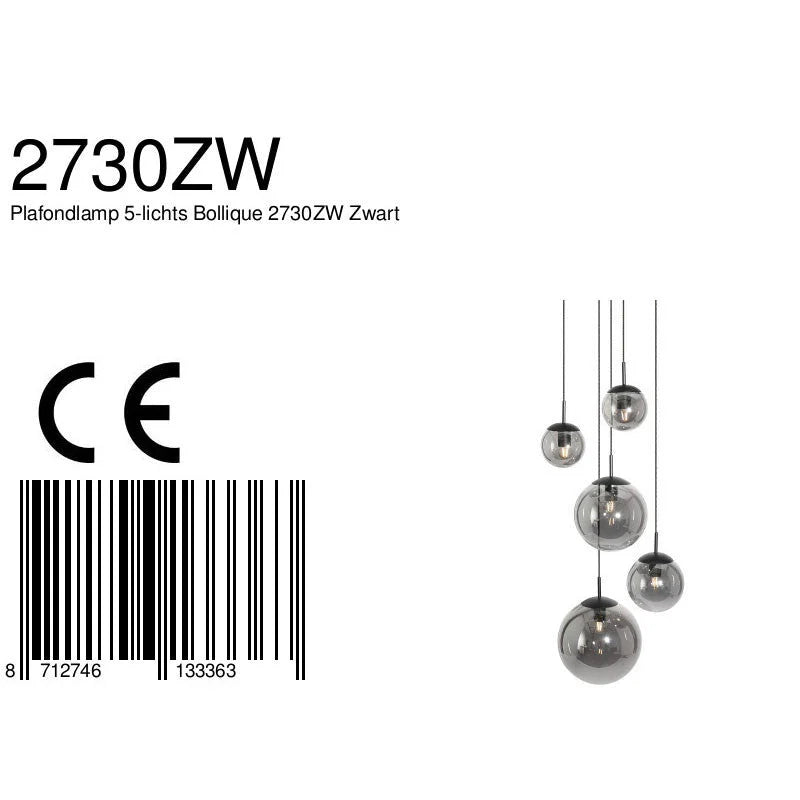 Suspension multi-boules en verre fumé noir dégradé avec cinq lampes en forme de sphère