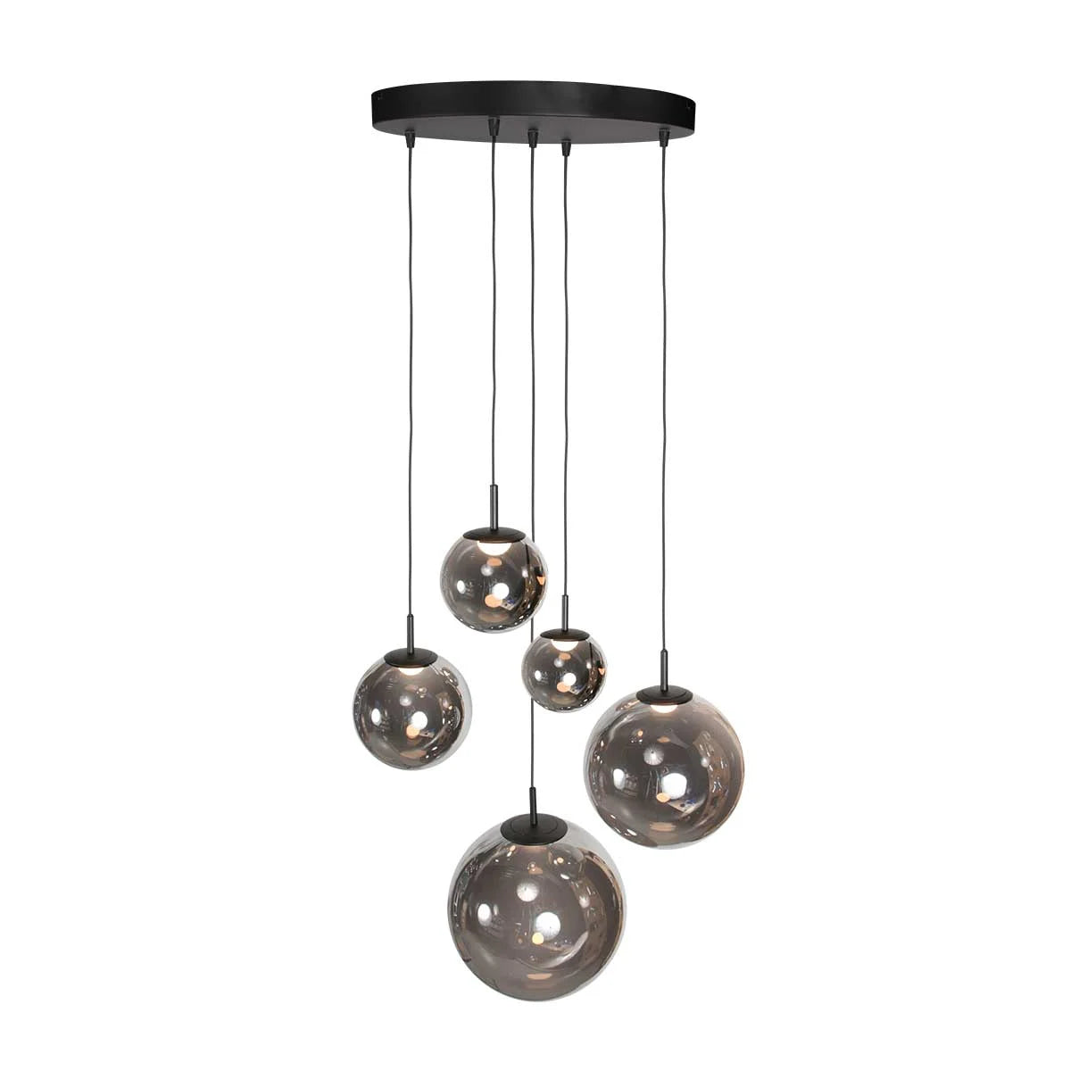 Suspension multiple en verre fumé sphères brillantes noire – Ø60 cm avec globes en verre smoky