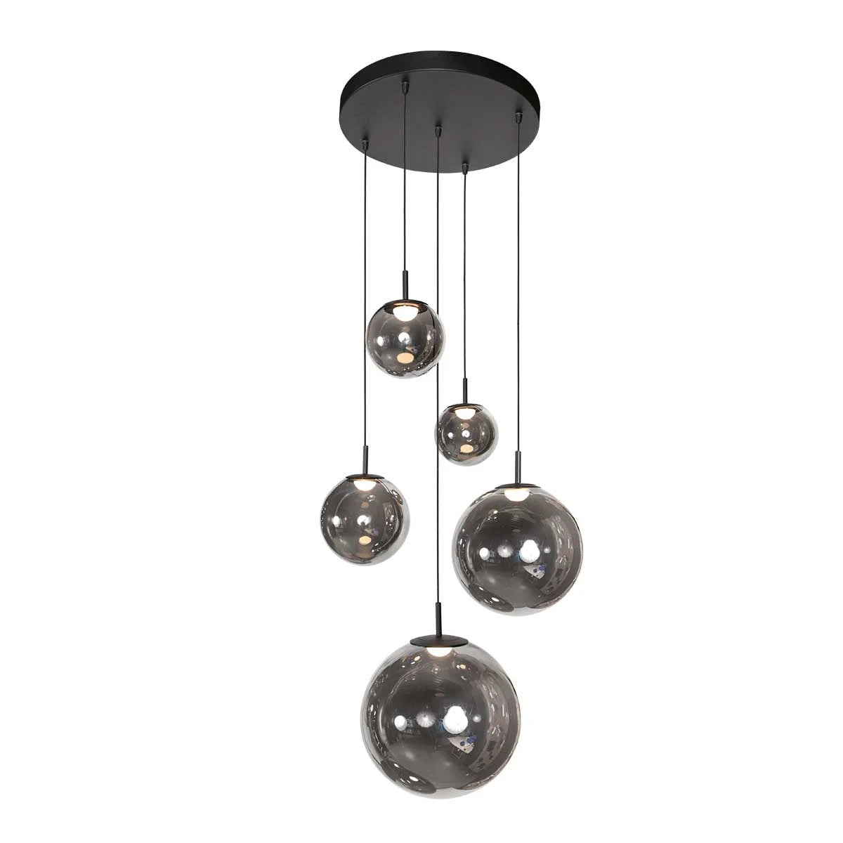 Ampoule suspendue en verre fumé noir avec cinq globes lumineux de 60 cm de diamètre