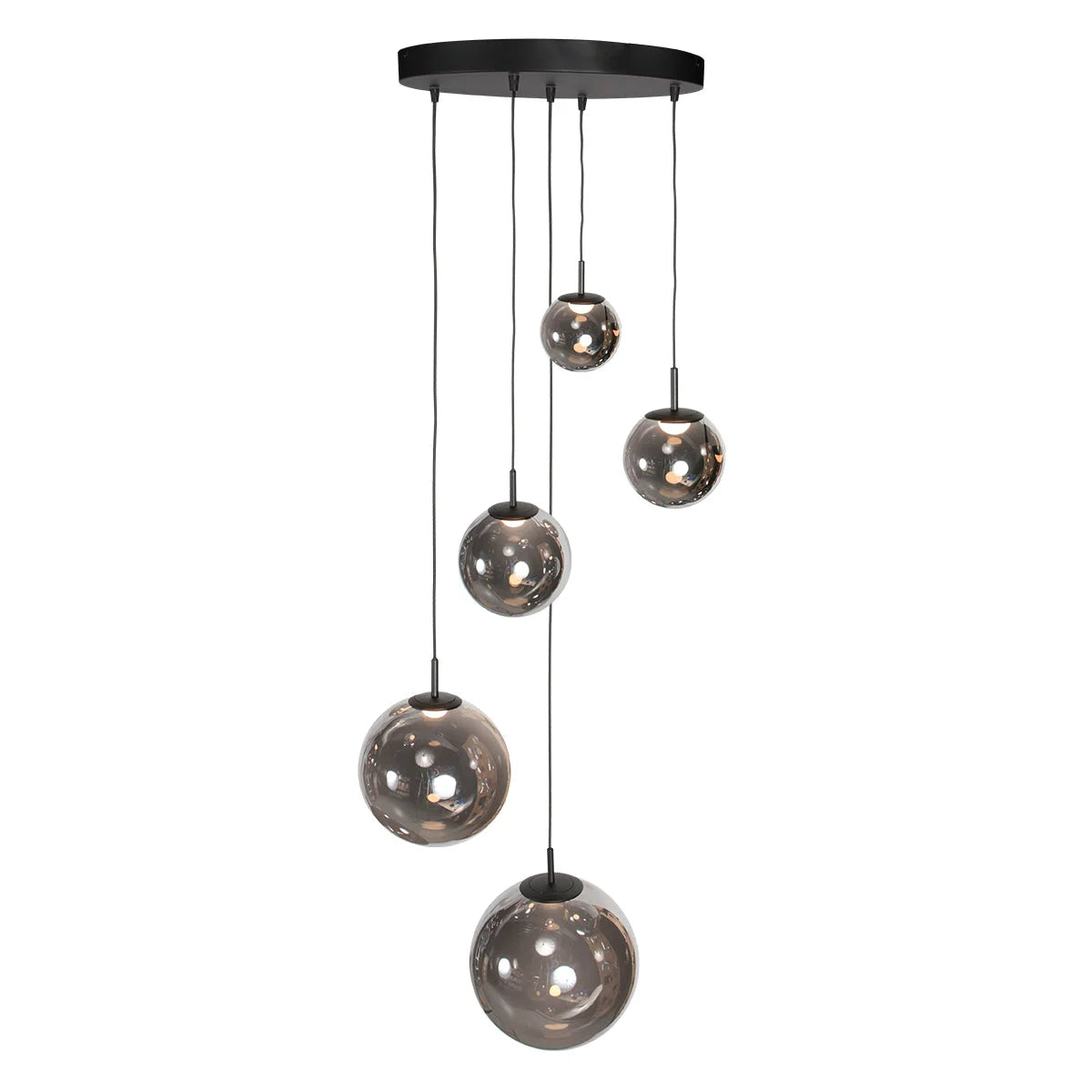 Luminaire suspension avec cinq sphères en verre fumé noir brillante Ø60 cm