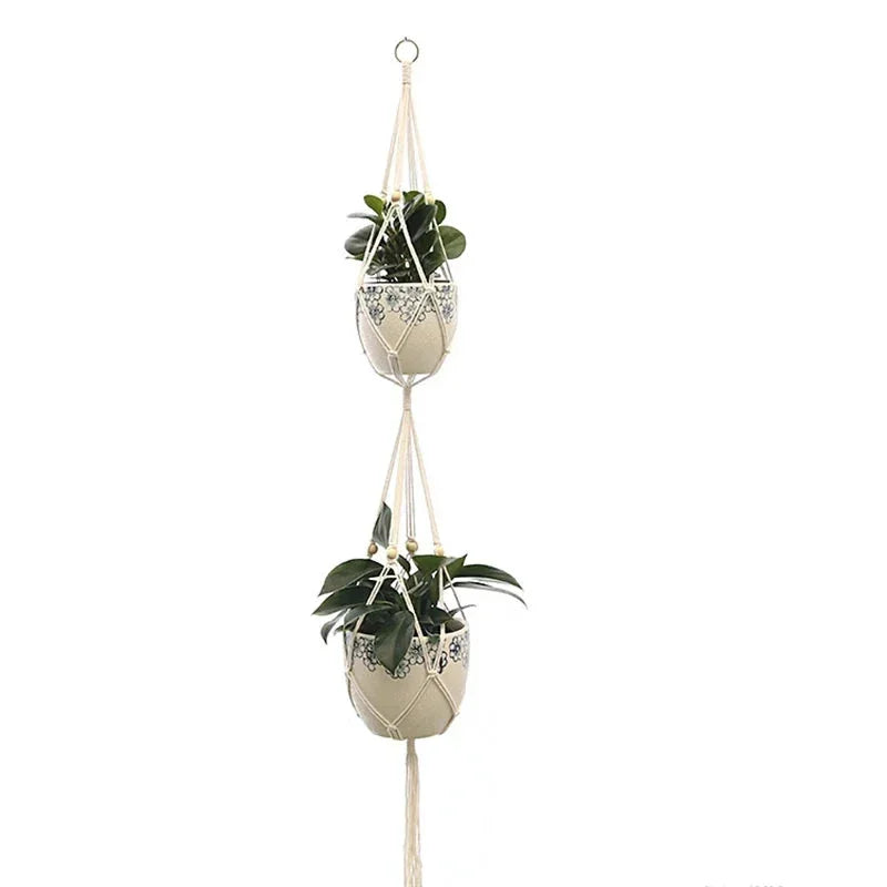 Suspension murale macramé double en corde tressée blanc cassé pour plantes