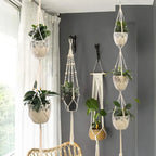 Suspension murale macramé double en corde tressée blanc cassé avec plantes en pot