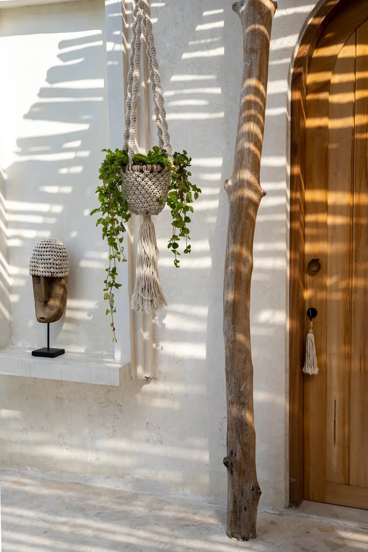 Suspension murale en macramé torsadé coton blanc naturel avec plante suspendue boho