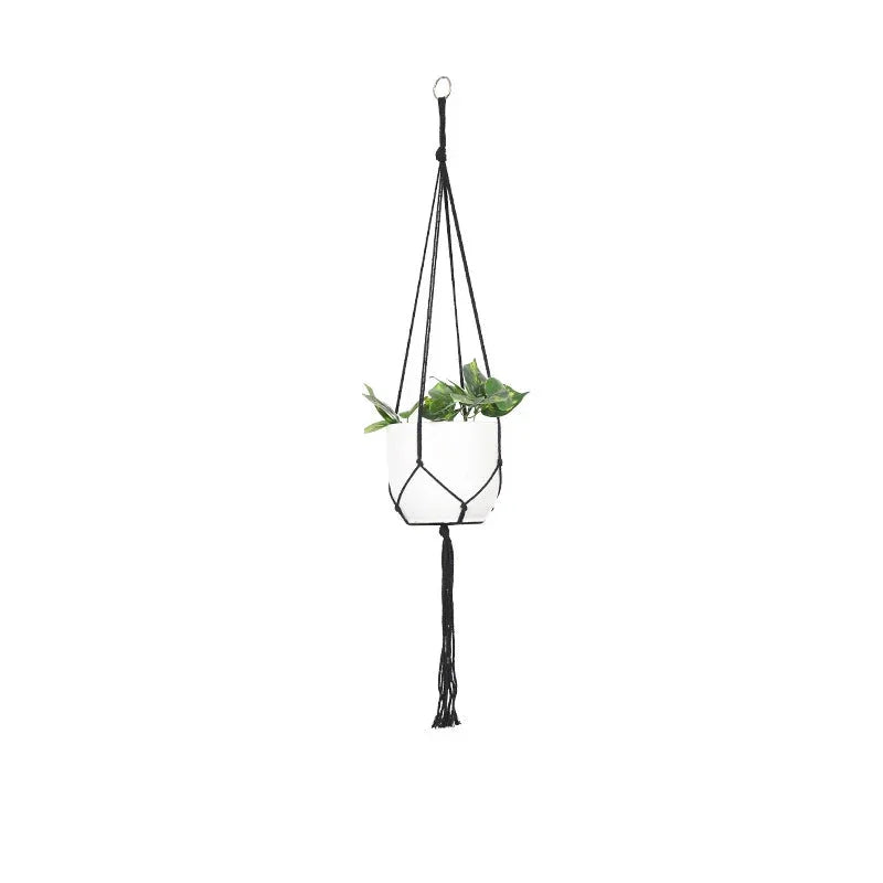 Porte-plante suspendu en corde tressée noire pour décoration intérieure et extérieure
