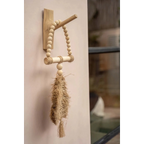 Crochet mural en raphia naturel avec crochet en bois, boucle de perles et ornement en paille