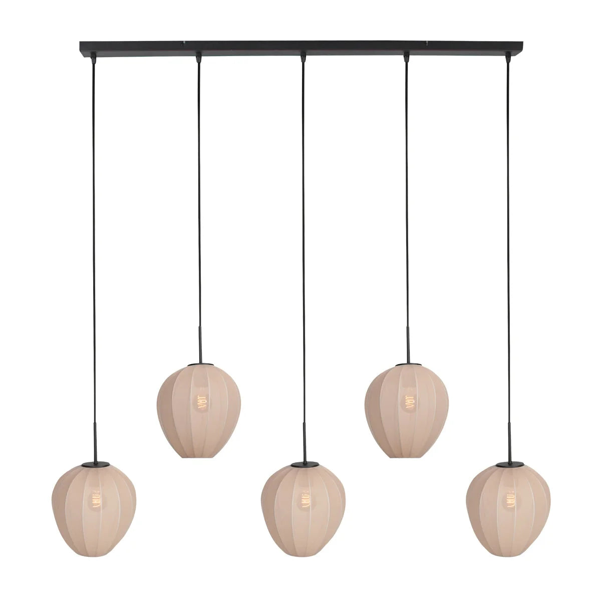 Luminaire suspendu noir avec cinq abat-jours crème sphériques en ligne, 110x25 cm