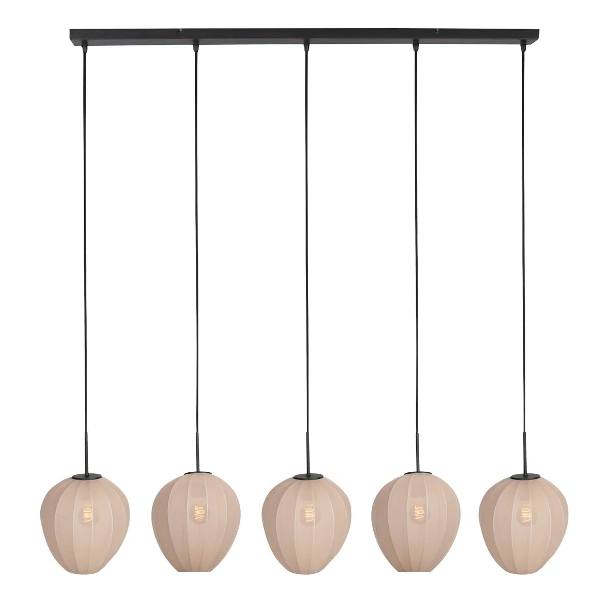 Suspension noire avec cinq abat-jours crème en ligne, 110x25 cm pour décoration intérieure