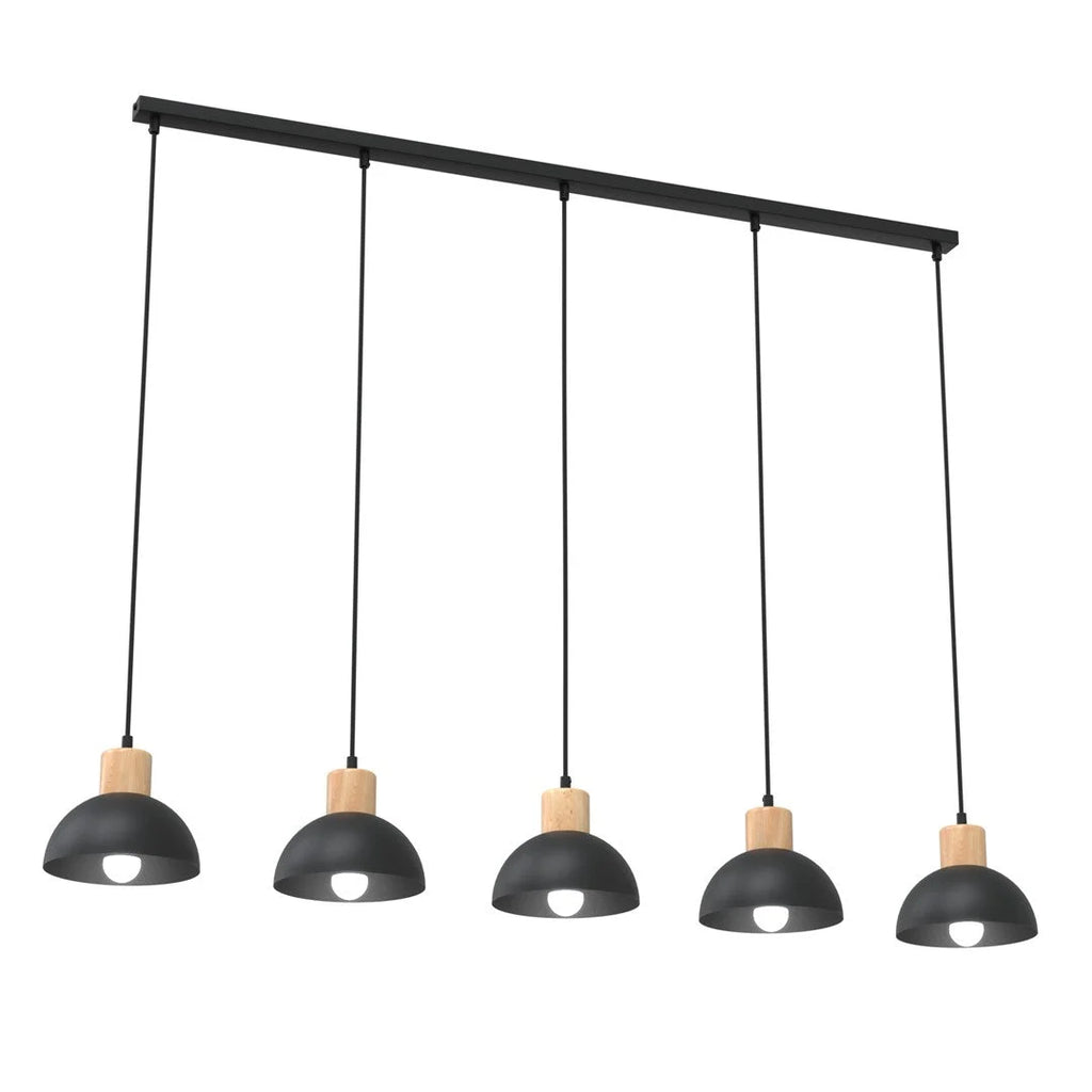 Suspension noire et bois 5 lumières en métal mat avec accents bois