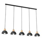 Suspension noire et bois 5 lumières en métal mat avec accents bois