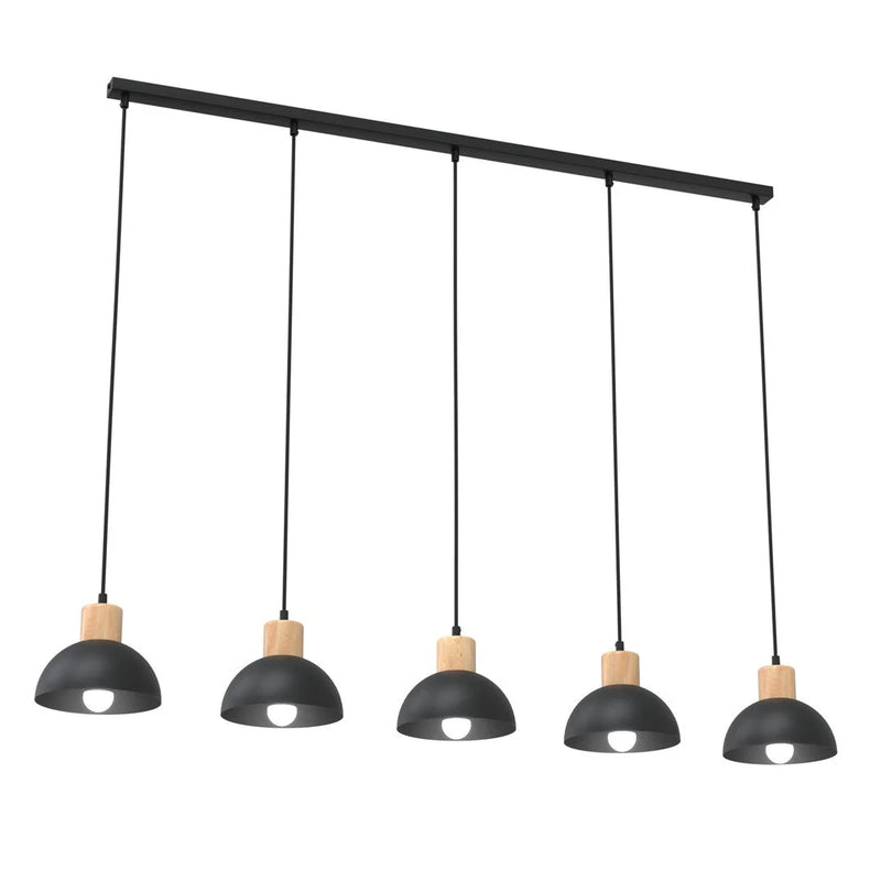 Suspension noire et bois 5 lumières en métal mat – 116x4 cm