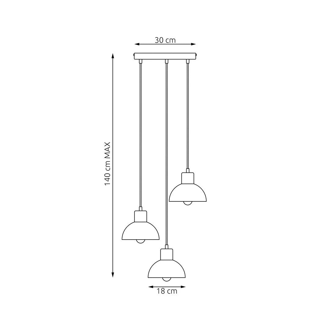 Suspension noire et bois à 3 dômes en métal mat Ø30 cm