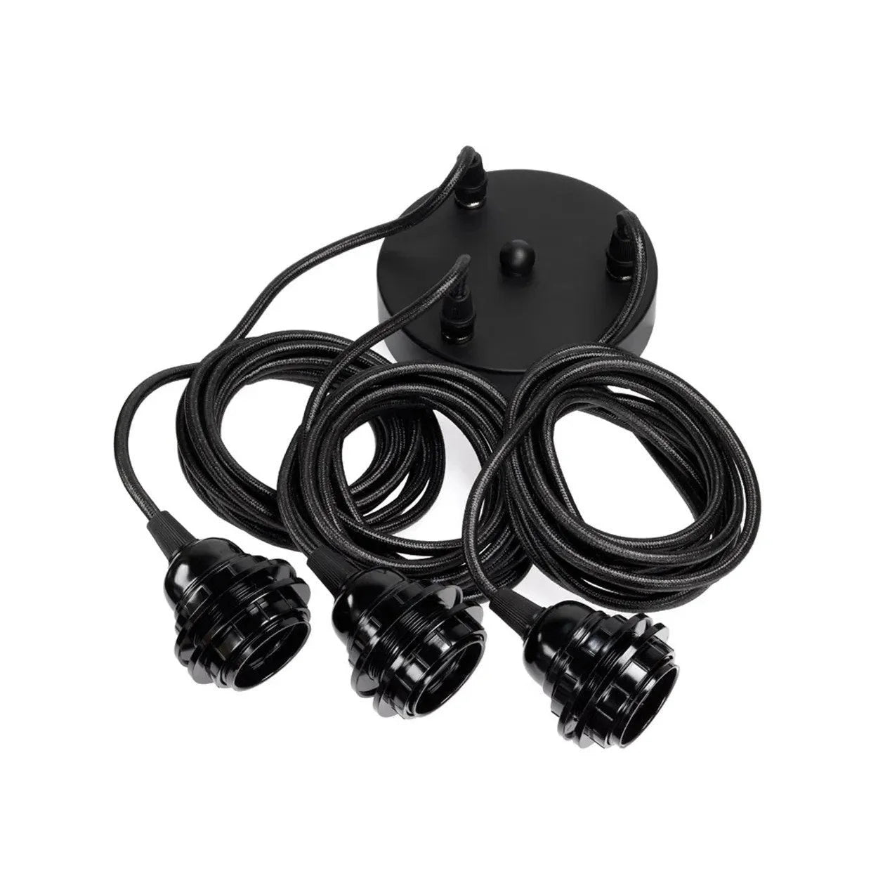 Suspension noire en cordon tressé avec trois douilles Edison et câble de 250 cm
