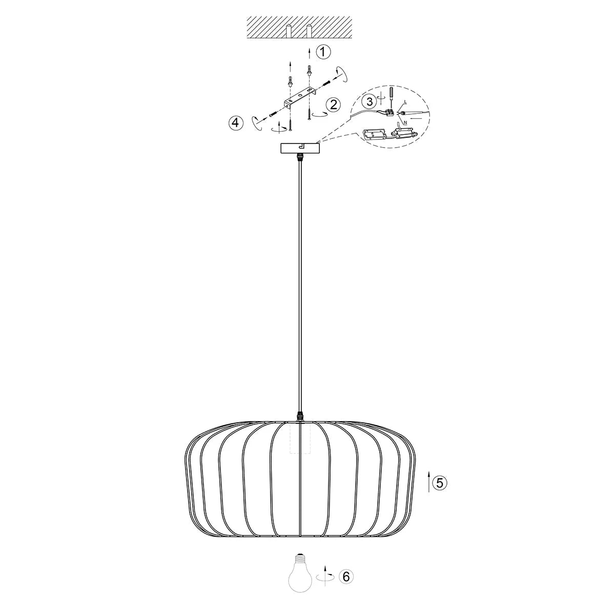 Diagramme d’installation de la suspension ovale en maille noire avec ampoule vintage Ø60 cm
