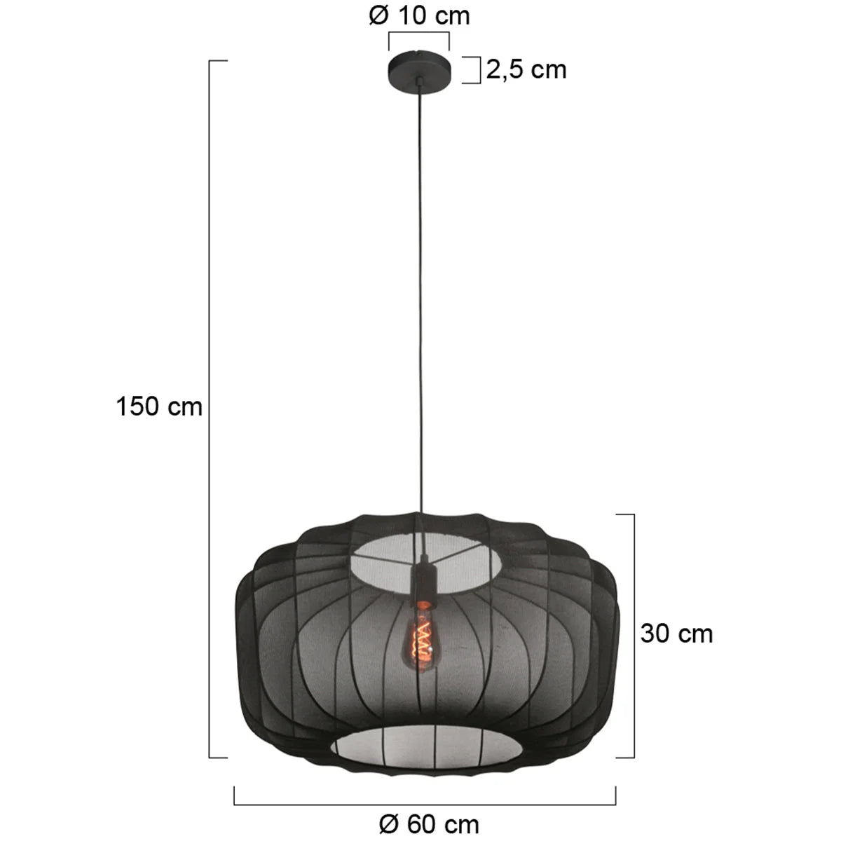 Suspension ovale en maille noire avec ampoule vintage et dimensions visibles