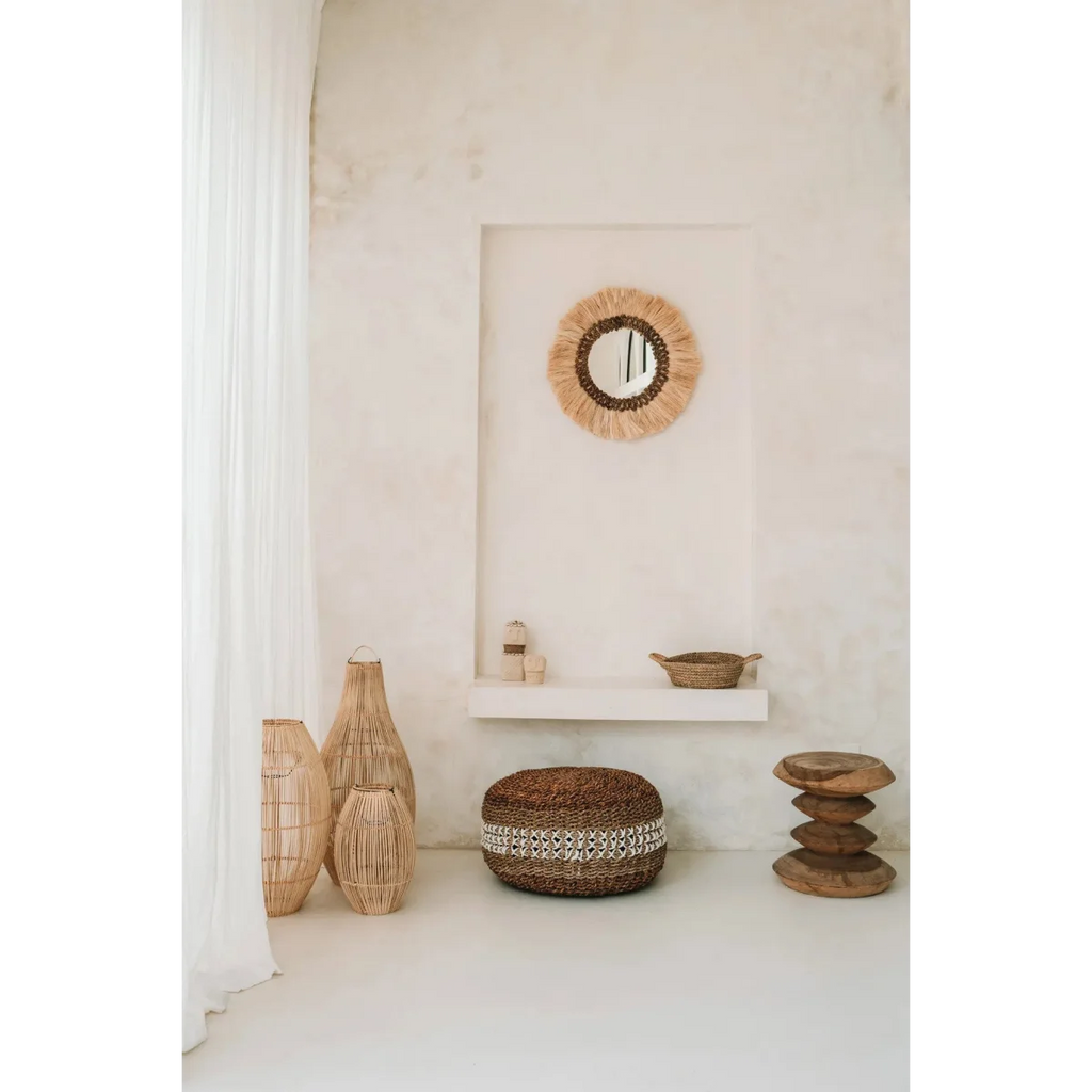 Miroir ovale en rotin ajouré naturel avec cadre en raffia fringé 35x60 cm
