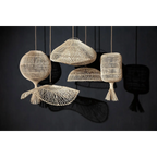 Suspension ovale en rotin naturel ajouré avec lampes en fibres naturelles organiques