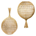 Suspension ovale en rotin naturel ajouré avec deux lampes en fibres naturelles organiques